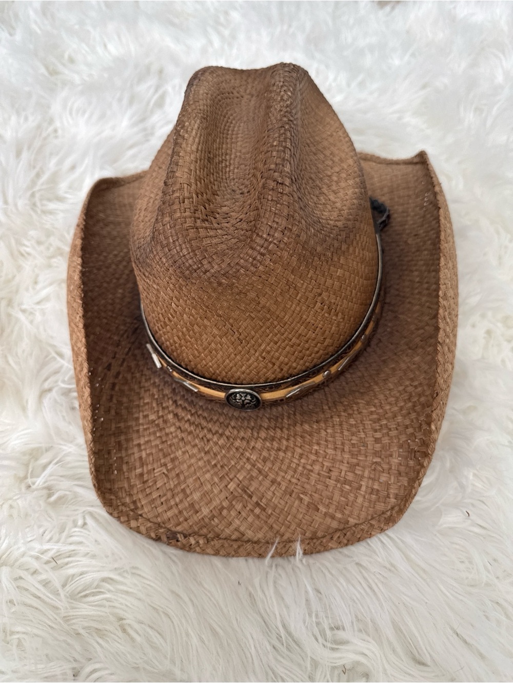 Bullhide Brown Straw Cowboy Hat with Decorative Concho Band